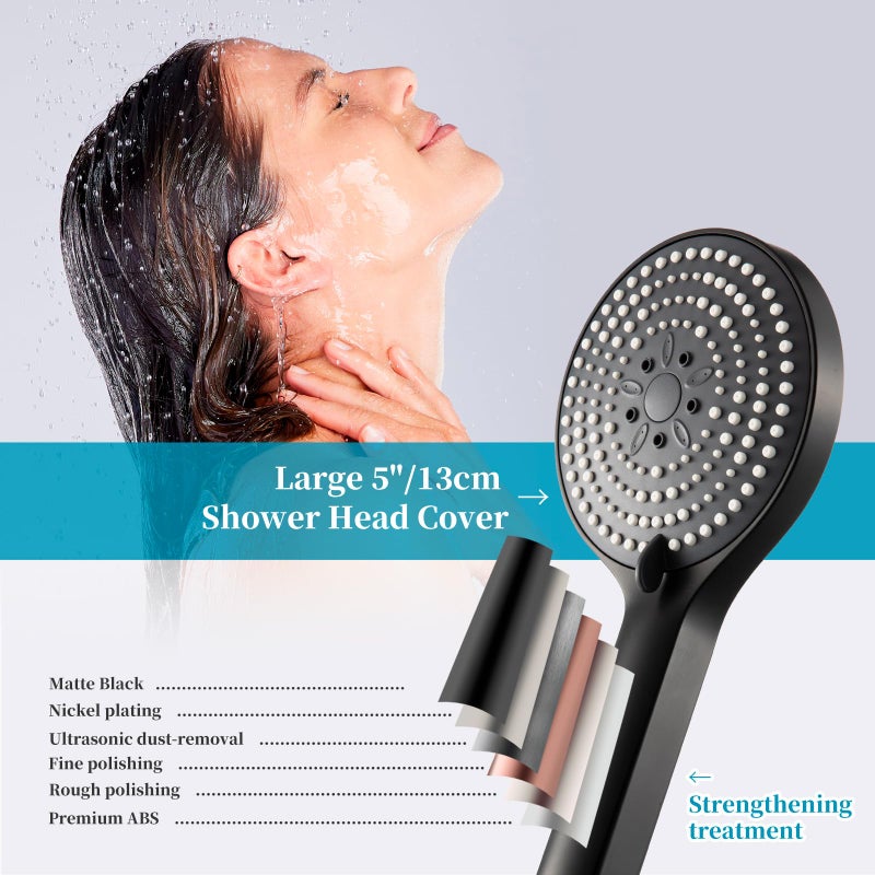OFFO Matte Black Handheld Shower Head, 6-Mode High Pressure, 5"" Large Face, Chrome Plated Finish, Includes Shower Head, Washers, Water Saving Gasket - Image 5